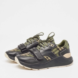 Pre Owned Burberry Green/Black Leather and Canvas Ramsey Sneakers Size 41