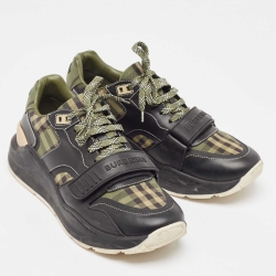 Pre Owned Burberry Green/Black Leather and Canvas Ramsey Sneakers Size 41