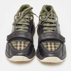 Pre Owned Burberry Green/Black Leather and Canvas Ramsey Sneakers Size 41