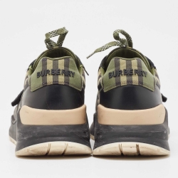 Pre Owned Burberry Green/Black Leather and Canvas Ramsey Sneakers Size 41