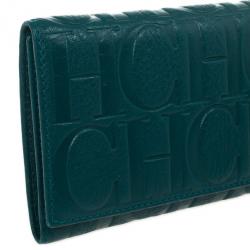 Pre Owned Carolina Herrera Teal Embossed Leather Continental Wallet
