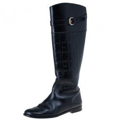 Pre Owned Carolina Herrera Black Patent Leather Monogram Knee Boots Size 39