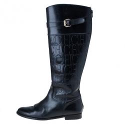 Pre Owned Carolina Herrera Black Patent Leather Monogram Knee Boots Size 39