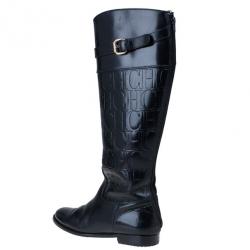 Pre Owned Carolina Herrera Black Patent Leather Monogram Knee Boots Size 39