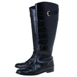 Pre Owned Carolina Herrera Black Patent Leather Monogram Knee Boots Size 39