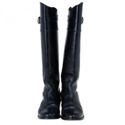 Pre Owned Carolina Herrera Black Patent Leather Monogram Knee Boots Size 39
