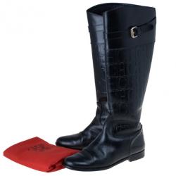 Pre Owned Carolina Herrera Black Patent Leather Monogram Knee Boots Size 39