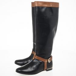 Pre Owned Carolina Herrera Black &amp; Brown Leather Knee Length Boots Size 38