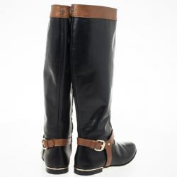 Pre Owned Carolina Herrera Black &amp; Brown Leather Knee Length Boots Size 38