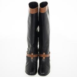 Pre Owned Carolina Herrera Black &amp; Brown Leather Knee Length Boots Size 38