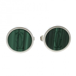 Cartier Double C Logo Engraved Malachite Inlay Silver Round Cufflinks 
