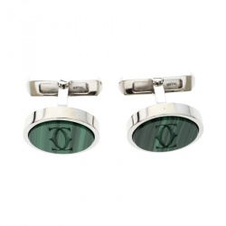 Cartier Double C Logo Engraved Malachite Inlay Silver Round Cufflinks 