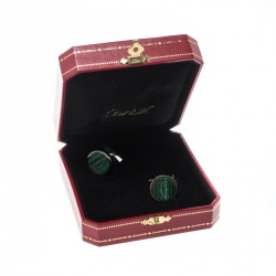 Cartier Double C Logo Engraved Malachite Inlay Silver Round Cufflinks 