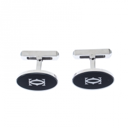 Cartier Double C Logo Decor Silver Oval Cufflinks 