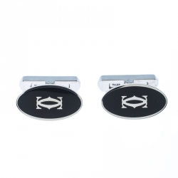 Cartier Double C Logo Decor Silver Oval Cufflinks 