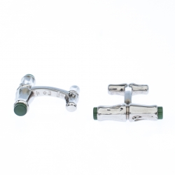 Cariter Bamboo Decor Green Stone Inlay Silver Cufflinks