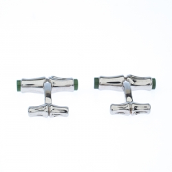 Cariter Bamboo Decor Green Stone Inlay Silver Cufflinks