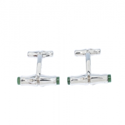 Cariter Bamboo Decor Green Stone Inlay Silver Cufflinks