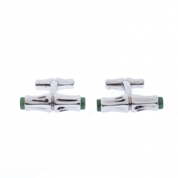 Cariter Bamboo Decor Green Stone Inlay Silver Cufflinks