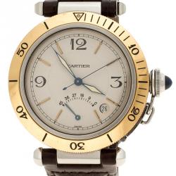 Pre Owned Cartier Cream 18K Yellow Gold and Stainless Steel Pasha de Cartier 1033 Men's Wristwatch 38 mm