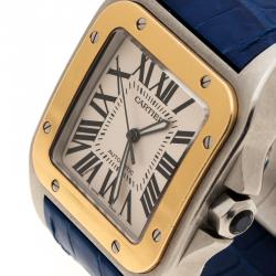 Pre Owned Cartier White Stainless Steel and 18K Yellow Gold Santos 100  2656 Men's Wristwatch 38 mm