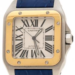 Pre Owned Cartier White Stainless Steel and 18K Yellow Gold Santos 100  2656 Men's Wristwatch 38 mm