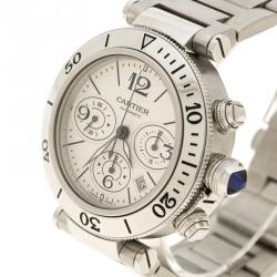 Pre Owned Cartier White Stainless Steel Pasha Seatimer Chronograph 2995 Men's Wristwatch 42MM