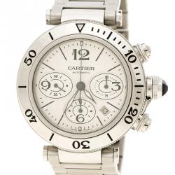 Pre Owned Cartier White Stainless Steel Pasha Seatimer Chronograph 2995 Men's Wristwatch 42MM