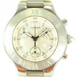 Pre Owned Cartier White Stainless Steel and Rubber Must 21 Chronoscaph 2424 Chronograph W10184U2 Men's Wristwatch 37MM