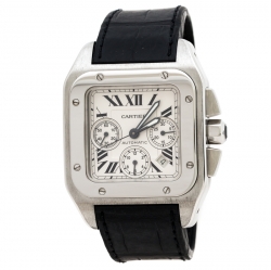 Cartier Silver Stainless Steel Santos 100 2740 Chronograph Men's Wristwatch 41 mm