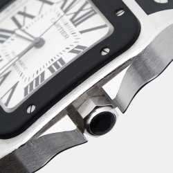 Pre Owned Cartier Silver Stainless Steel Rubber Santos 100 W20121U2 Men's Wristwatch 38 mm