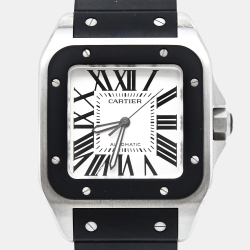 Pre Owned Cartier Silver Stainless Steel Rubber Santos 100 W20121U2 Men's Wristwatch 38 mm