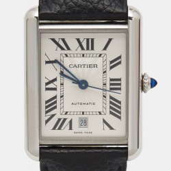 Pre Owned Cartier Silver Stainless Steel Leather Tank Must Extra Large WSTA0040 Unisex Wristwatch 31 mm
