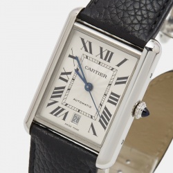 Pre Owned Cartier Silver Stainless Steel Leather Tank Must Extra Large WSTA0040 Unisex Wristwatch 31 mm