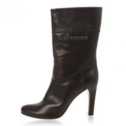 Pre Owned Celine Dark Brown Leather Logo Boots Size 40