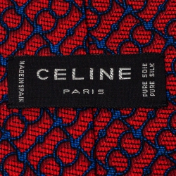 Celine Red & Navy Blue Chain Printed Silk Classic Tie