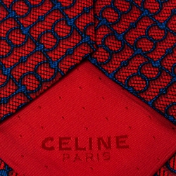Celine Red & Navy Blue Chain Printed Silk Classic Tie