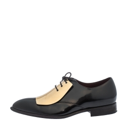 Pre Owned Celine Black Patent Leather Gold Metal Plate Lace Up Oxfords Size 40