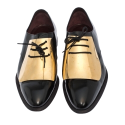 Pre Owned Celine Black Patent Leather Gold Metal Plate Lace Up Oxfords Size 40