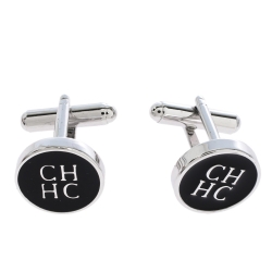 Pre Owned CH Carolina Herrera Logo Black Enamel Silver Tone Cufflinks