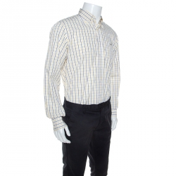 Pre Owned CH Carolina Herrera White Navy and Yellow Checked Cotton Shirt L