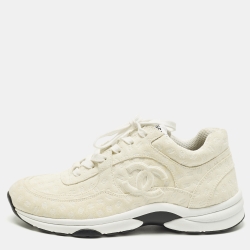 Pre Owned Chanel CC Size 41 Cream Suede Lace Up Sneakers