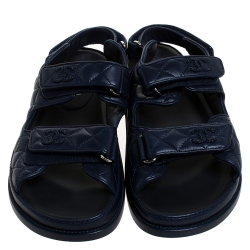 Chanel Navy Blue Quilted Leather CC Dad Sandals Size 41