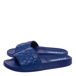 Chanel Blue Quilted Leather CC Slides Size 42
