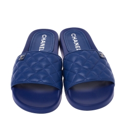 Chanel Blue Quilted Leather CC Slides Size 42