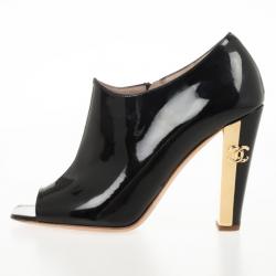 Chanel Black Patent Leather Open Toe Ankle Boots Size 37