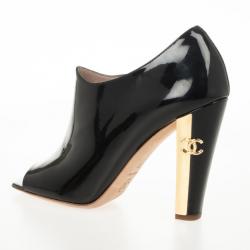 Chanel Black Patent Leather Open Toe Ankle Boots Size 37