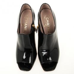 Chanel Black Patent Leather Open Toe Ankle Boots Size 37