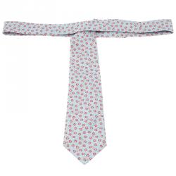 Pre Owned Chanel Light Blue Floral and Logo Woven Textured Silk Tie