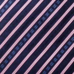 Pre Owned Chanel Navy Blue and Pink Striped CC Logo Silk Tie